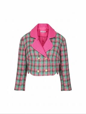 NWT Kith And Kin Pink Teal Cropped Checkered Tweed Blazer With Gold Buttons